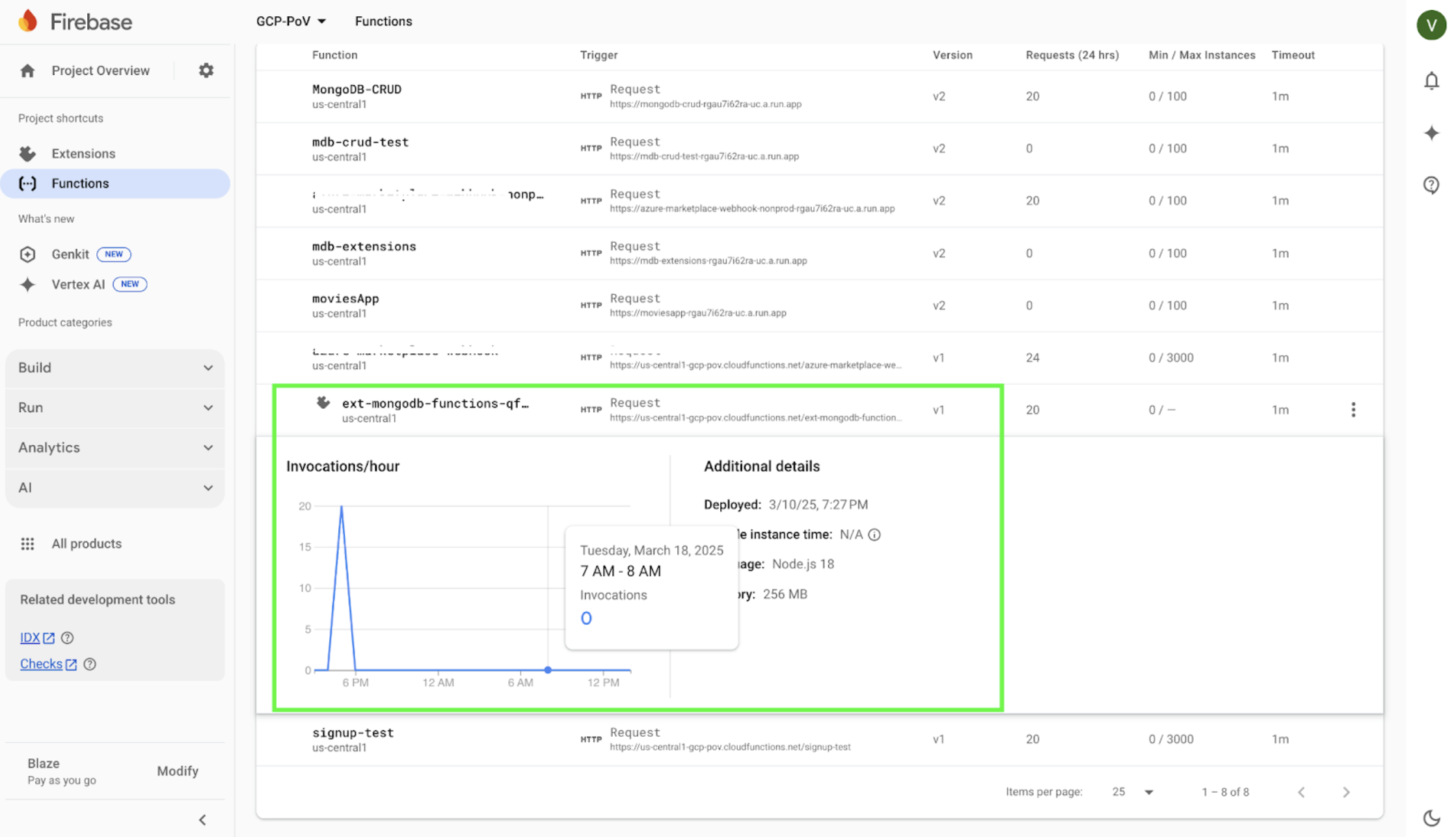 Screenshot of the Firebase extension having created a cloud run function.